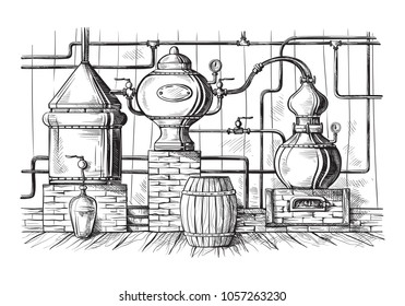alembic still for making alcohol inside distillery, destilling spirits sketch