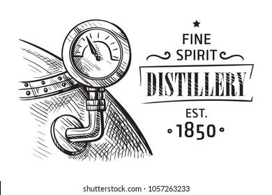 alembic still for making alcohol inside distillery, destilling spirits sketch