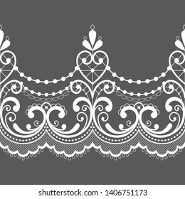 Alencon French seamless lace vector pattern, openwork ornament textile or embroidery design in white on gray background. Embroidery decoration inspired by French vintage lace art - wedding