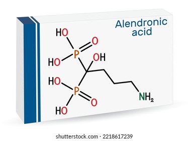 Alendronic acid molecule. It is bisphosphonate drug, used for treatment of osteoporosis. Skeletal chemical formula. Paper packaging for drugs. Vector illustration