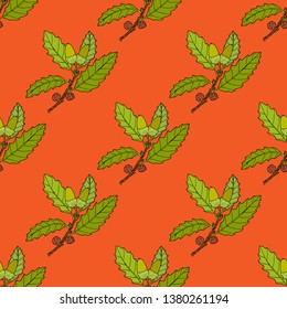Aleppo oak branch seamless pattern. Hand drawn botanical vector illustration