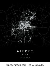 Aleppo vector print map in dark theme. Detailed map of Aleppo in Syria. Best free vector illustration. Tourist decorative minimalist street map.