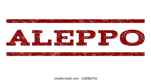 Aleppo watermark stamp. Text caption between horizontal parallel lines with grunge design style. Rubber seal stamp with dust texture. Vector dark red color ink imprint on a white background.