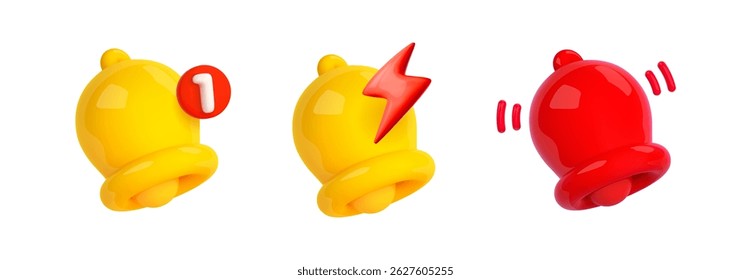 Alert and alarm icon. 3d render yellow and red notification bell. Symbol notice, message, attention. Push notification symbol. Important reminder ui element. Cartoon vector illustration