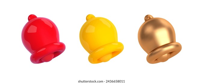 Alert, alarm, message 3d icon. Red danger attention bell, yellow notification bell, school golden bell. Social media reminder symbol. Cartoon vector illustration