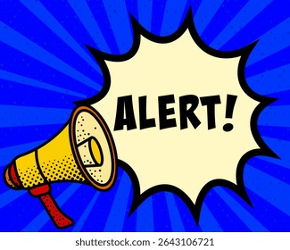 Alert announcement speech bubble. Megaphone, speech burst, comic style, bright background, communication element, expression tool, voice projection, information sharing, pop art design.