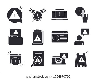 alerta, peligro de atención signo de exclamación información de precaución estilo de silueta iconos de diseño conjunto ilustración vectorial