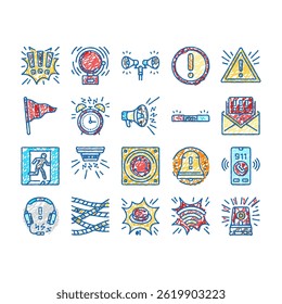 alert attention signal caution doodle icons set vector. caution danger, message hazard, risk error, safety security, mark exclamation alert attention signal caution sketch hand drawn