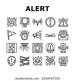alert attention signal caution icons set vector. caution danger, message hazard, risk error, safety security, mark exclamation alert attention signal caution black contour illustrations