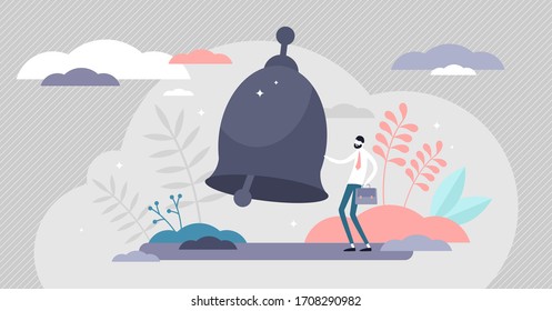 Alert bell ringing vector illustration. Warning symbol flat tiny person concept. Danger situation signal for business people. Alarm notification element as notice and urgency warn system visualization
