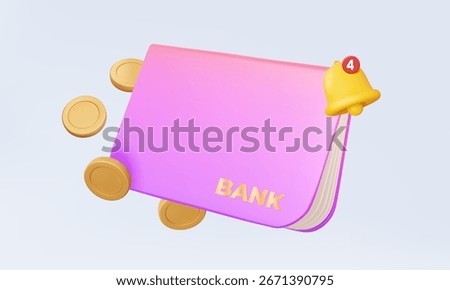 Alert bell warning exchange withdraw statement bankbook transaction personal account online payment invoice document management passbook design on isolated pastel background. 3D vector illustration