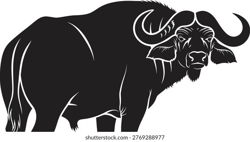 Alert black buffalo silhouette standing with powerful stance