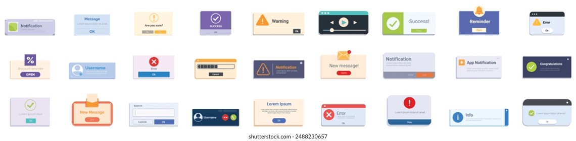 Alert box ui icons set. Collection of modern flat style notification windows displaying different alerts for user interface