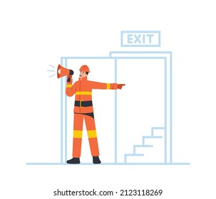 Alert for Building Office Escape in Life-threatening Situation. Fireman Character with Loudspeaker Announce Fire Emergency Evacuation Alarm Stand at Open Door with Ladder. Cartoon Vector Illustration