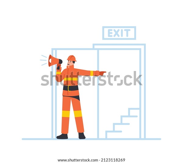 Alert for Building Office Escape in\
Life-threatening Situation. Fireman Character with Loudspeaker\
Announce Fire Emergency Evacuation Alarm Stand at Open Door with\
Ladder. Cartoon Vector\
Illustration