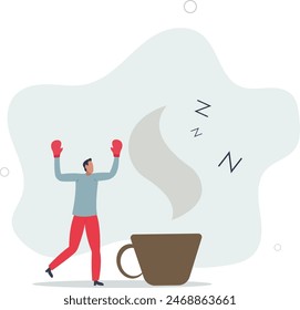 alert businessman have some coffee wearing boxing gloves to fight with lazy sleepy symbol.