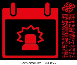 Alert Calendar Day icon with bonus calendar and time management images. Vector illustration style is flat iconic symbols, red, black background.