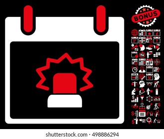 Alert Calendar Day icon with bonus calendar and time management design elements. Vector illustration style is flat iconic symbols, red and white, black background.