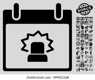 Alert Calendar Day pictograph with bonus calendar and time management pictures. Vector illustration style is flat iconic symbols, black, light gray background.