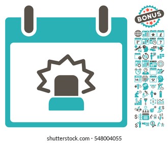 Alert Calendar Day pictograph with bonus calendar and time management clip art. Vector illustration style is flat iconic symbols, grey and cyan, white background.