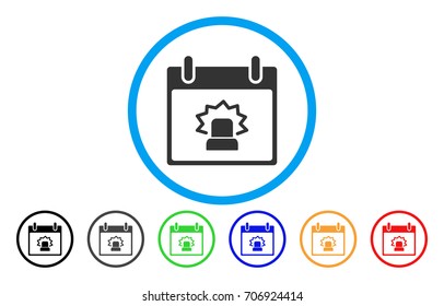 Alert Calendar Day vector rounded icon. Image style is a flat gray icon symbol inside a blue circle. Bonus color versions are gray, black, blue, green, red, orange.
