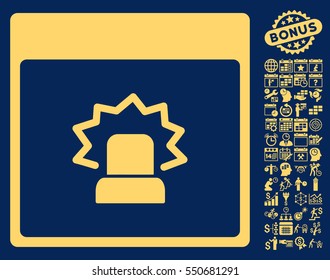 Alert Calendar Page icon with bonus calendar and time management pictograph collection. Vector illustration style is flat iconic symbols, yellow, blue background.
