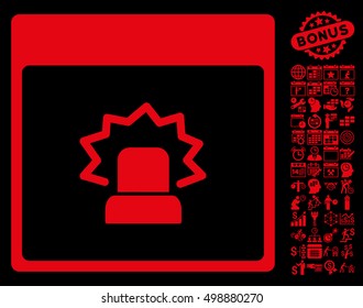 Alert Calendar Page pictograph with bonus calendar and time management design elements. Vector illustration style is flat iconic symbols, red, black background.