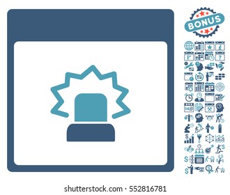 Alert Calendar Page pictograph with bonus calendar and time management pictures. Vector illustration style is flat iconic symbols, cyan and blue, white background.
