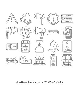 alert caution error danger icons set vector. security attention, exclamation risk, hazard mark, triangle safety alarm problem alert caution error danger black contour illustrations