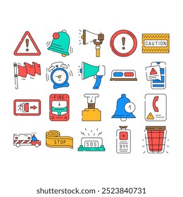 alert caution error danger icons set vector. security attention, exclamation risk, hazard mark, triangle safety alarm problem alert caution error danger color Contour Illustrations