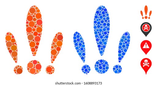 Alert composition of filled circles in variable sizes and color tinges, based on alert icon. Vector filled circles are grouped into blue illustration. Dotted alert icon in usual and blue versions.