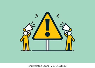 Alert concept illustration. Two people shouting through megaphones, drawing attention to a warning sign. Suitable for website banners or social media posts.