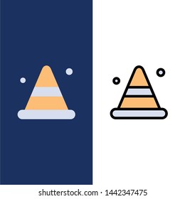Alert, Cone, Construction, Road  Icons. Flat and Line Filled Icon Set Vector Blue Background