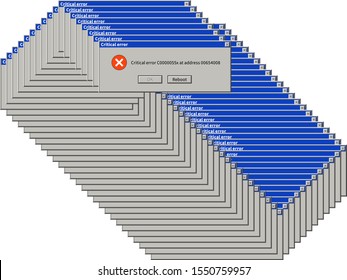 Alert dialog windows. System failure dialog box popup, retro error message, information warning notification, computer virus vector many user problem sign concept