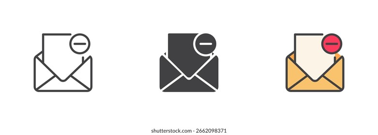 Ícone de email de alerta definido no estilo de cor de estrutura de tópicos sólido e preenchido. O envelope com o símbolo de bolha de ponto de exclamação indica um ícone de mensagem urgente, atenção ou notificação.