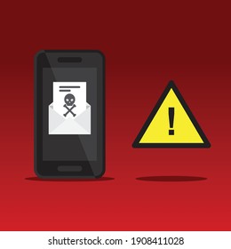 Alert emails with viruses in phone, Vector illustration in flat style