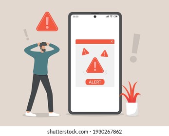 Alert file icon or caution message, phishing, cyber crime and fraud online  concept illustration with phone alert symbol