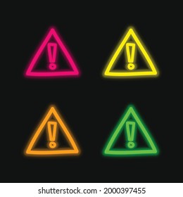 Alert Hand Drawn Sign four color glowing neon vector icon