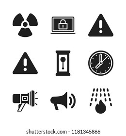 alert icon. 9 alert vector icons set. clock, speaker symbol of voice volume and warning icons for web and design about alert theme