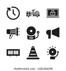 alert icon. 9 alert vector icons set. alarm, fire alarm and alarm clock icons for web and design about alert theme