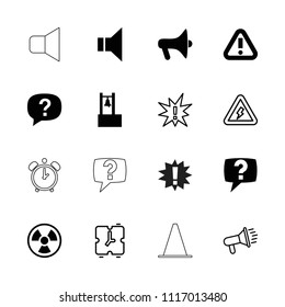 Alert icon. collection of 16 alert filled and outline icons such as megaphone, bell, exclamation, voltage warning, alarm, radiation. editable alert icons for web and mobile.