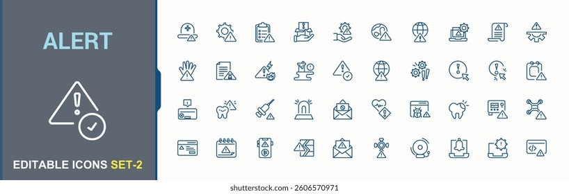 Alert icon collection. Featuring siren, attention, signal, caution, alarm and more. Warning modern icon. Minimalist editable vector stroke.