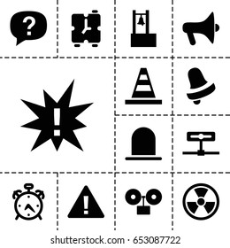Alert icon. set of 13 filled alerticons such as alarm, siren, bell, cone, bell, megaphone, exclamation, radiation, warning