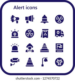  alert icon set. 16 filled alert icons. Simple modern icons about  - Megaphone, Notification, Radiation, Siren, Radioactive, Danger, Ambulance, Firefighter, Cone, Propaganda, Surveillance