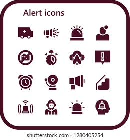  alert icon set. 16 filled alert icons. Simple modern icons about  - Ambulance, Megaphone, Siren, Notification, No photo, Alarm, Dangerous, Alert, Alarm clock, Stairs, Firefighter
