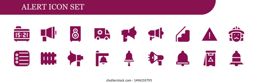 alert icon set. 18 filled alert icons.  Collection Of - Alarm clock, Megaphone, Loudspeaker, Ambulance, Stairs, Alert, Firefighter, Reminder, Radiator, Bell, Danger, Notification