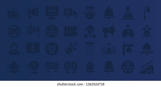 alert icon set. 32 filled alert icons. on blue background style Collection Of - Ambulance, No photo, Firefighter, Alarm, Megaphone, Alert, 404 error, Radiation, Biohazard, Roadblock