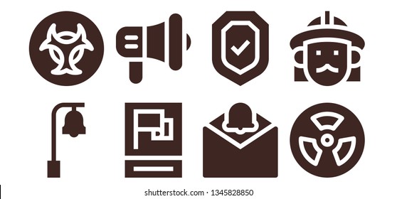 alert icon set. 8 filled alert icons.  Simple modern icons about  - Bell, Biohazard, Propaganda, Megaphone, Notification, Security, Radiation, Firefighter