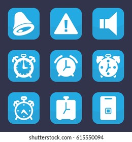 Alert icon. set of 9 filled alert icons such as alarm, megaphone, door ringer, bell