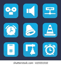 Alert icon. set of 9 filled alert icons such as cone, megaphone, door ringer, bell, alarm